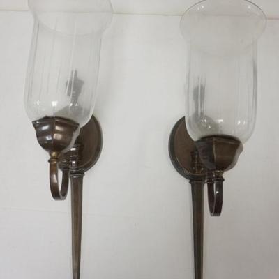 1246	PAIR OF HANGING CANDLE SCONCES WITH GLASS HURRICANE SHADES, EACH APPROXIMATELY 19 IN H X 11 IN DEEP
