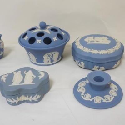 1110	GROUP OF ASSORTED WEDGWOOD BLUE JASPERWARE INCLUDING VASES, COVERED TRINKET BOXES, CANDLESTICKS, LARGEST APPROXIMATELY 5 IN X 3 1/2...