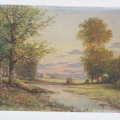 1204	OIL PAINTING ON BOARD IMAGE OF STREAM IN SEMI WOODED AREA, APPROXIMATELY 18 IN X 12 IN
