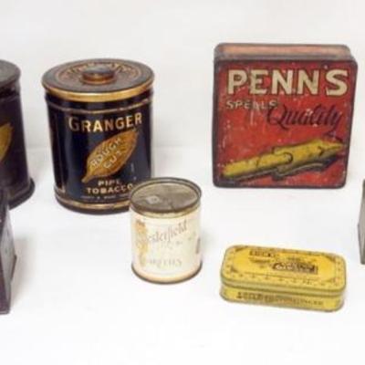 1258	GROUP OF ASSORTED COUNTRY STORE ADVERTISING TINS, LARGEST APPROXIMATELY 6 1/2 IN X 2 1/2 IN X 6 1/2 IN
