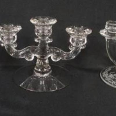 1159	ASSORTED CANDELABRAS INCLUDING CAMBRIDGE GLASS CANDELABRA & FOSTORIA ROMANCE DOUBLE TIER, TALLEST APPROXIMAELY 6 IN

