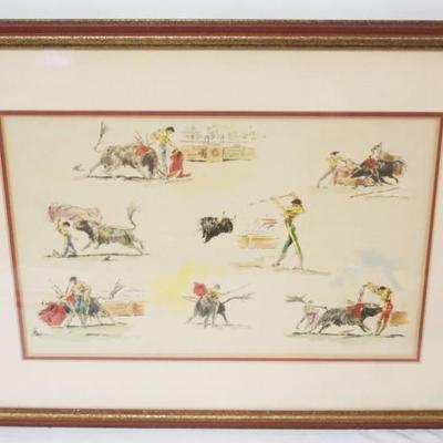 1193	FRAMED & MATTED PRINT OF MULTIPLE IMAGES OF A BULLFIGHT, APPROXIMATELY 22 IN X 16 IN OVERALL

