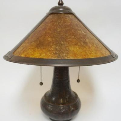 1245	CONTEMPORARY ARTS & CRAFTS STYLE TABLE LAMP, EMBOSSED COPPER LAMP WITH MICA SHADE, APPROXIMATELY 21 IN H, MISSING CORD
