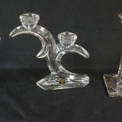 1162	GOLDEN CROWN LEAD CRYSTAL CANDELABRAS & SILVER OVERLAY CNADLESTICKS, TALLEST APPROXIMATELY 7 IN HIGH
