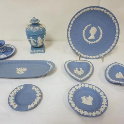 1109	GROUP OF ASSORTED BLUE JASPERWARE INCLUDING COVERED BOLTED URN, NAPPY CANDLESTICK, DISH, SILVER JUBILEE, LARGEST PIECE APPROXIMATELY...