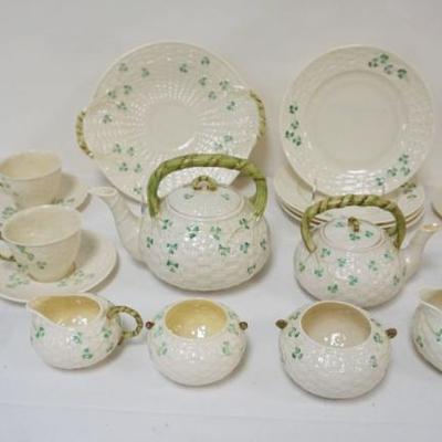 1156	GROUP OF ASSORTED GREEN MARK BELLEEK INCLUDING TEAPOTS, CUPS & SAUCERS, 4-8 1/2 IN PLATES, SERVING TRAY, ETC
