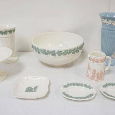 1108	GROUP OF ASSORTED WEDGWOOD EMBOSSED *QUEENSWARE* INCLUDING BOWL, COMPOTE, VASES, COVERED JAR, TALLEST PIECE APPROXIMATELY 9 IN
