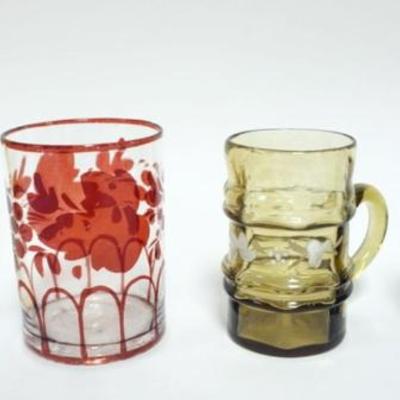 1253	GROUP OF COLONIAL GLASS, GOBLET, MUGS AND TUMBLER, LARGEST PIECE APPROXIMATELY 6 IN H
