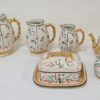 1112	GROUP OF ASSORTED MAJOLICA BROWNHILLS BAMBOO & TRELLIS INCLUDING GRADUATED PITCHERS, COVERED DISH, CREAMER, TEAPOT & JUG,...
