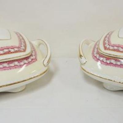 1143	2 RIDGWAY PORTLAND POTTERY COVERED SERVING DISHES, EACH APPROXIMATELY 10 IN X 7 IN X 6 IN HIGH
