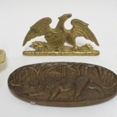1219	GROUP OF ASSORTED BRASS AND BRONZE ITEMS INCLUDING OVAL TRAY WITH EMBOSSED LION, APPROXIMATELY 9 IN X 5 IN 
