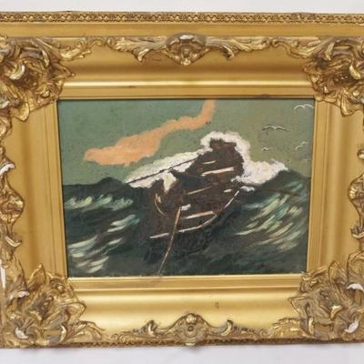 1190	ANTIQUE OIL PAINTING ON CANVAS, BOAT AT SEA, APPROXIMATELY 19 IN X 16 IN OVERALL
