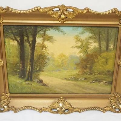 1197	ANTIQUE OIL PAINTING ON CANVAS, IMAGE OF COUNTRY WOODED LANE, ARTIST SIGNED LOWER LEFT, APPROXIMATELY 23 IN X 18 IN OVERALL
