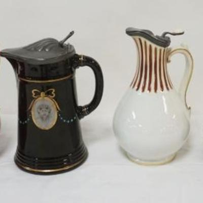 1121	GROUP OF ASSORTED PEWTER LID PITCHERS INCLUDING RIDGWAY ENGLAND, JACKFIELD, LARGEST PIECE APPROXIMATELY 9 IN HIGH
