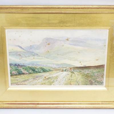 1206	WG FITZSIMONS SIGNED WATERCOLOR FRAMED UNDER GLASS, LANDSCAPE, ANNOTATED ON BACK *NEAR PORT ERIN* PAPER HAS FOXING, APPROXIMATELY 14...