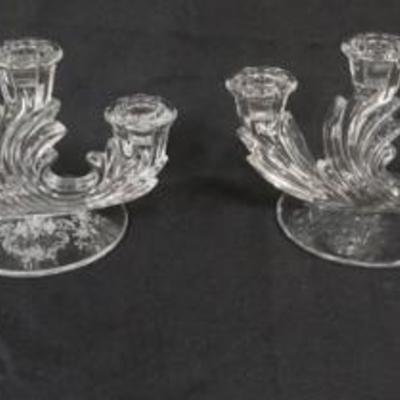 1161	ASSORTED CANDELABRAS INCLUDING FOSTORIA GLASS CO CANDELABRAS, TALLEST APPROXIMATELY 6 IN HIGH
