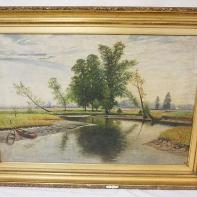 1201	ANTIQUE OIL PAINTING ON CANVAS, ANNOTIATED ON BACK WITH PIECE OF PAPER CLAIMING THAT PAINTING IS OF FRANKFORD CREEK PORT...