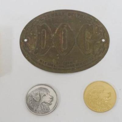 1220	GROUP OF ASSORTED BRONZE, BRASS AND SILVERPLATE EMBOSSED DOG METALS AND BEWARE OF DOG PLAQUE DATED 1864, LARGEST PIECE APPROXIMATELY...