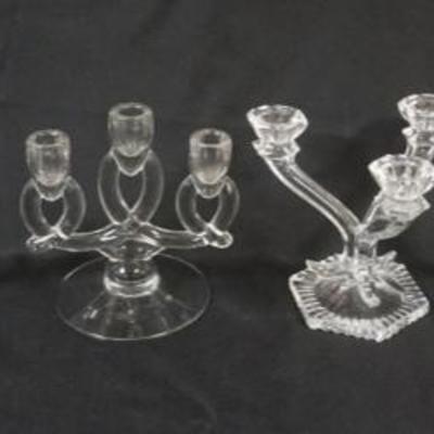 1164	GROUP OF ASSORTED GLASS CANDELABRAS & CANDLESTICKS, TALLEST APPROXIMATELY 8 IN HIGH
