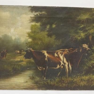 1198	ANTIQUE OIL PAINTING ON CANVAS, IMAGES OF COWS IN PASTURE & DRINKING FROM A STREAM, ARTIST SIGNED LOWER RIGHT, APPROXIMATELY 21...