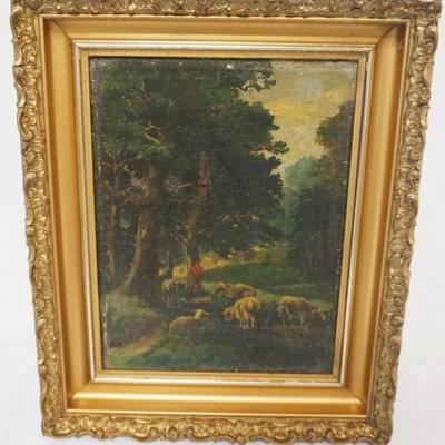 1199	ANTIQUE OIL PAINTING ON CANVAS, IMAGE OF HERDER W/SHEEP, APPROXIMATELY 13 IN X 18 IN
