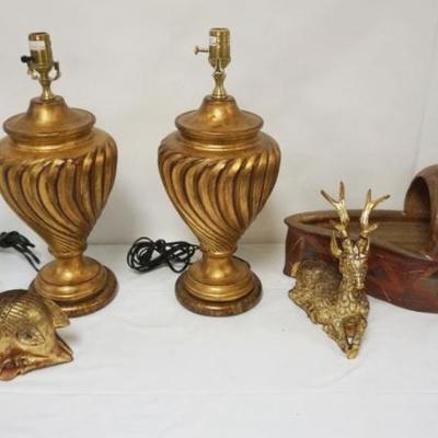 1154	GROUP OF DECORATIVE ITEMS INCLUDING POTTERY BASKET SHAPED PLANTER, GILT WOOD STAGS & GILT WOOD *WILDWOOD* TABLE LAMPS MISSING...