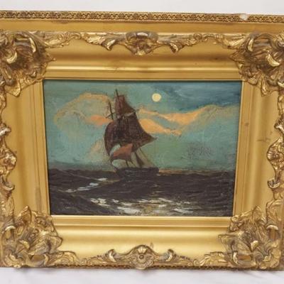 1191	ANTIQUE OIL PAINTING ON CANVAS, SHIP SAILING ON MOONLIT NIGHT, APPROXIMATELY 19 IN X 16 IN OVERALL
