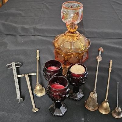 Avon Amber Glass Compote, Avon Red Goblets & Candle Assessories