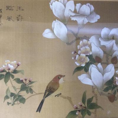 Chinese Magnolia & Songbird Watercolor on Silk