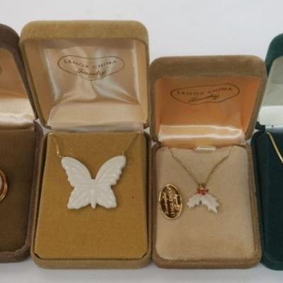 1130	LENOX CHINA JEWELRY INCLUDING 3 NECKLACES AND A PIN,  14K GOLD FILLED

