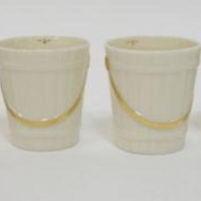 1101	LENOX CHINA 8 GOLD WREATH MARK JIGGER BUCKET SHOT GLASSES, GOLD ACCENTED BAILS, APPROXIMATELY 2 1/4 IN, 1 SMALLER
