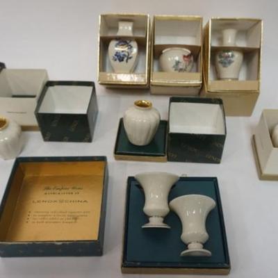 1172	LENOX CHINA GROUP OF 10 ASSORTED MINIATURE VASES INCLUDING ALADDIN & 2 MINIATURE URNS W/GREEN MARK, LARGEST APPROXIMATELY 3 3/4...