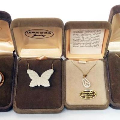 1129	LENOX CHINA JEWELRY INCLUDING 3 NECKLACES AND A PIN,  14K GOLD FILLED
