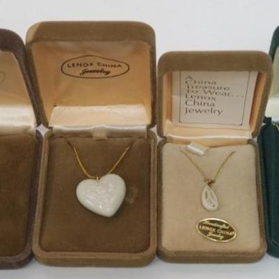 1131	LENOX CHINA JEWELRY INCLUDING 3 NECKLACES AND A PIN,  14K GOLD FILLED
