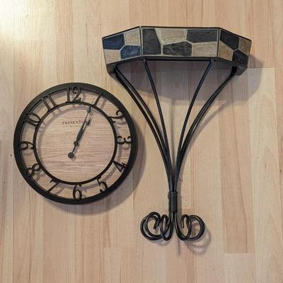 Lot #65 - Decorative Wall Clock and Metal Wall Sconce Shelf