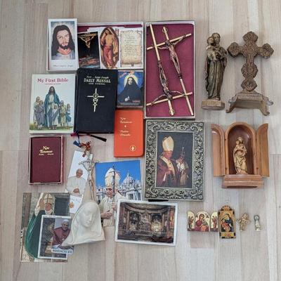 Lot #73 - Religious Catholic Christian Collectibles Lot - Statues, Books, Icons, and More.