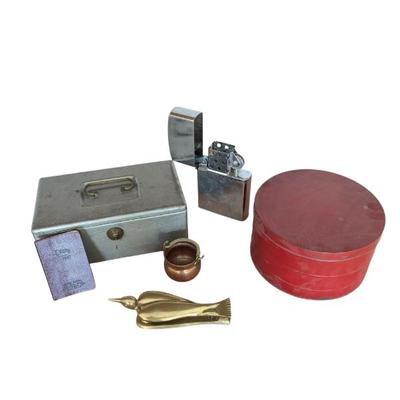 Lot #327 - Vintage Items: Red Tin, Giant Metal Lighter, Brass Bird Door Knocker, Metal Lock Box, Mini Copper Pot, 1967 Diary