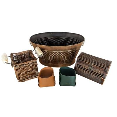 Lot #330 - Vintage Woven Baskets, Patterned Metal Bucket, and Leather Containers Set