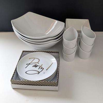 Lot #35 - Modern Dinnerware - White Party Plates & Bowls.