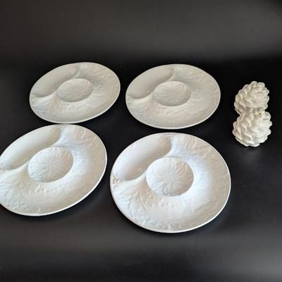 Lot #48 - Set of 4 Artichoke Plates Made in Portugal for Williams Sonoma, Along With Pine Cone Salt & Pepper