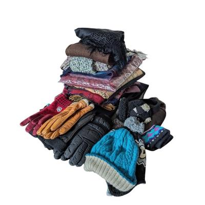 Lot #235 - Large Lot of Assorted Winter Scarves, Shawls, Hats and Gloves with an Over Door Organizer