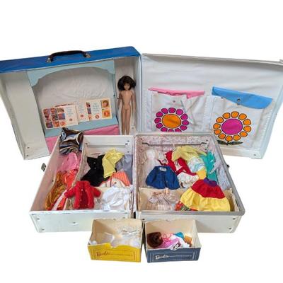 Lot #277 - Vintage 1960s Mattel "The World of Barbie" Doll Case, & Carrying Case/Wardrobe Trunk With Clothing & Skipper...