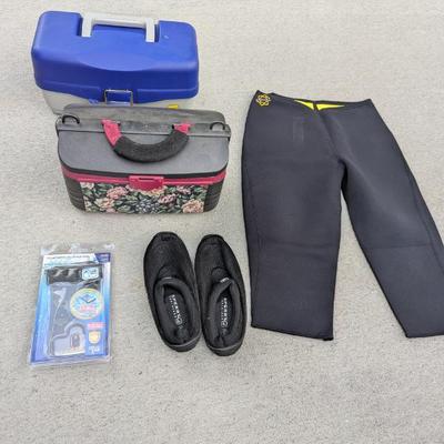 Lot #316 - Zaggora Neoprene Pants, Sperry Shoes, Two Tackle Boxes / Toolbox, Waterproof Phone Case