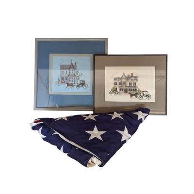 Lot #325 - Two Framed Cross-stitches and Large American Flag