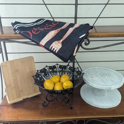 Lot #21 - Kitchen Décor Lot - Decorative Curtain Panels, Fruit Bowl with Faux Lemons, Serving Stand & Cookbook Stand