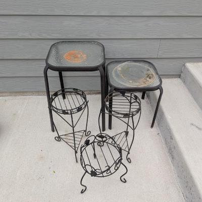 Lot #306 - Set of Glass Top Patio Side Tables and Decorative Plant Stands