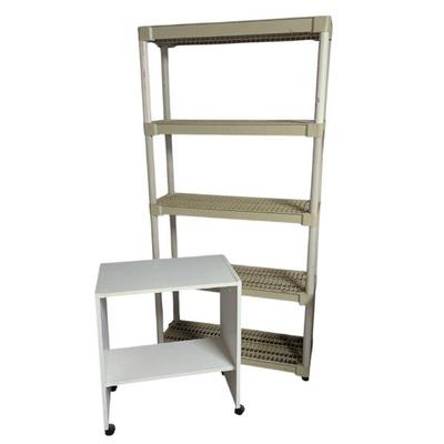 Lot #298 - Durable 4-Tier Plastic Shelving Unit and Compact White Storage Table