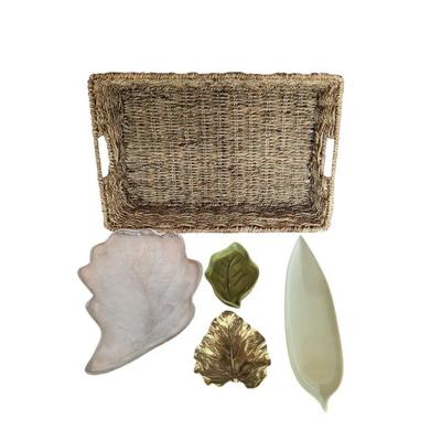 Lot #329 - Woven Tray with Leaf-Shaped Dishes - Decorative Serving Set