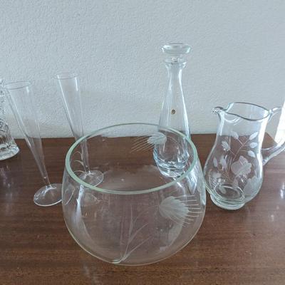Lot #86 - Vintage Crystal Glassware Lot - Decanter, Champagne Flutes, Etched Bowl & Pitcher
