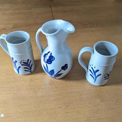 Lot #27 - Williamsburg Pottery Salt Glazed Blue Leaf Floral Design Pitcher & Coffee Mugs.